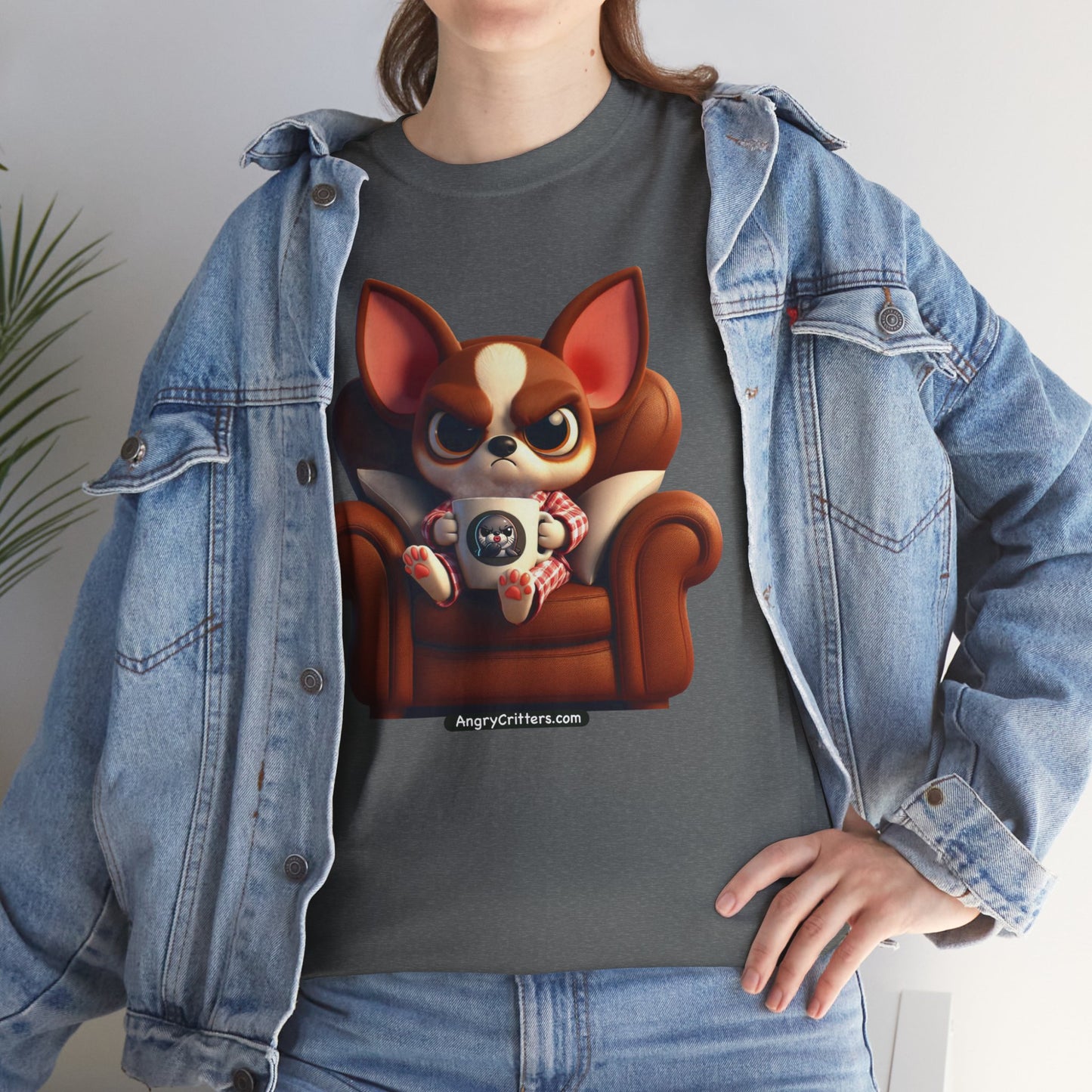 Angry Critters - Chihuahua Having Coffee, Unisex Heavy Cotton Tee