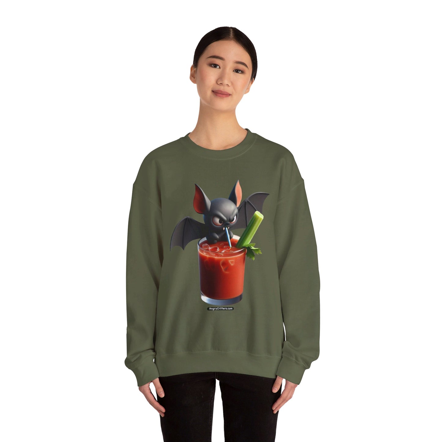 Angry Critters - Bat Drinking Bloody Mary, Unisex Heavy Blend™ Crewneck Sweatshirt