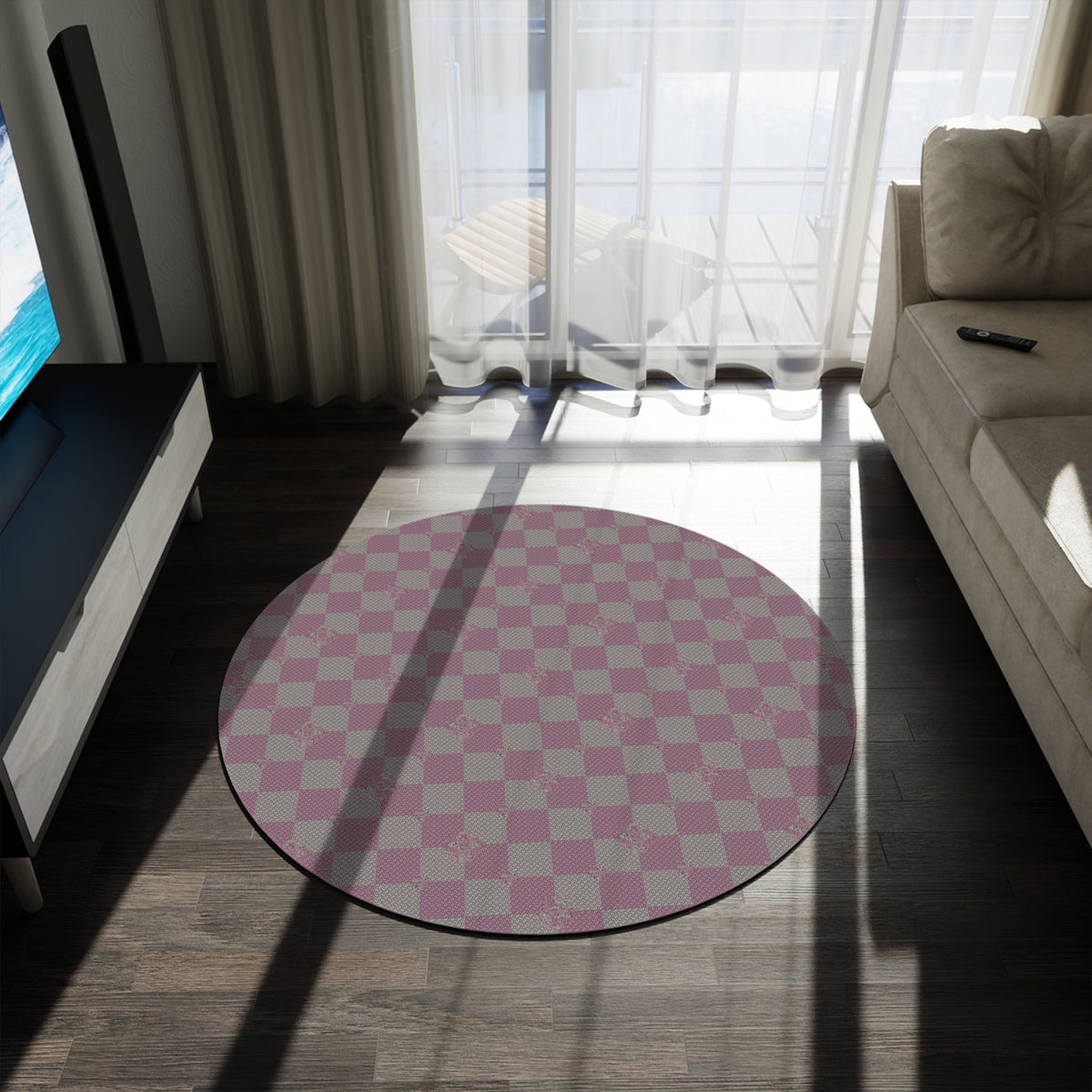 Vintage Pink & Grey Checkerboard Round Rug
