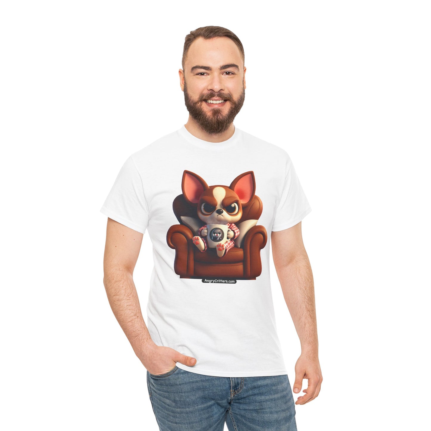 Angry Critters - Chihuahua Having Coffee, Unisex Heavy Cotton Tee