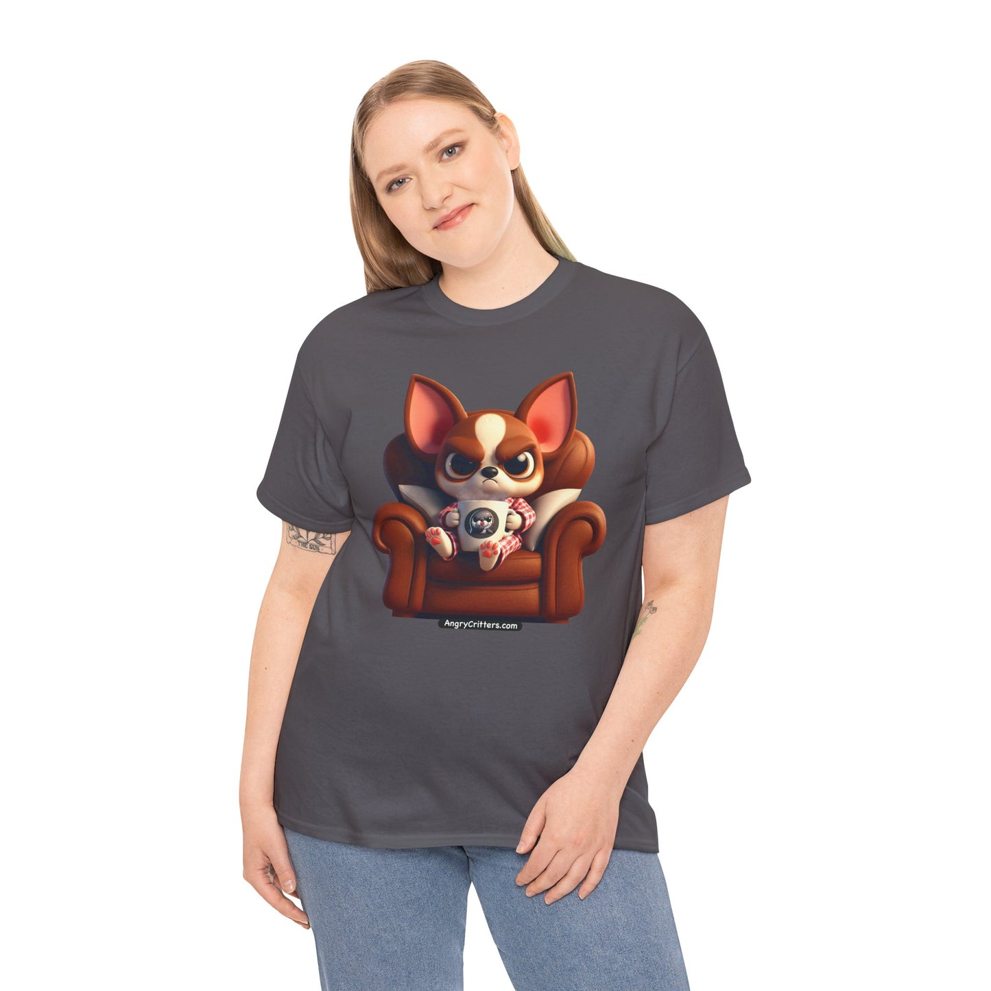 Angry Critters - Chihuahua Having Coffee, Unisex Heavy Cotton Tee