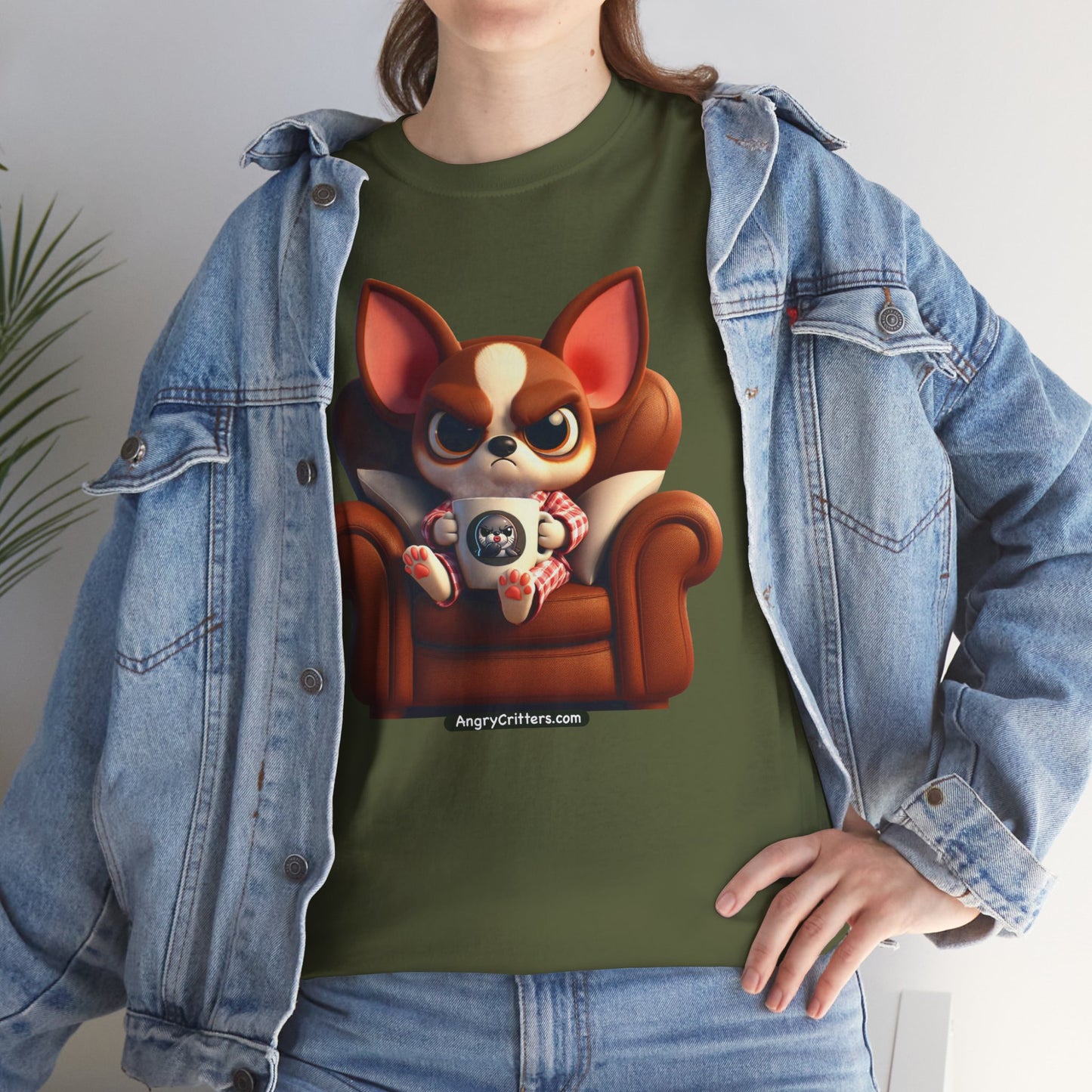 Angry Critters - Chihuahua Having Coffee, Unisex Heavy Cotton Tee