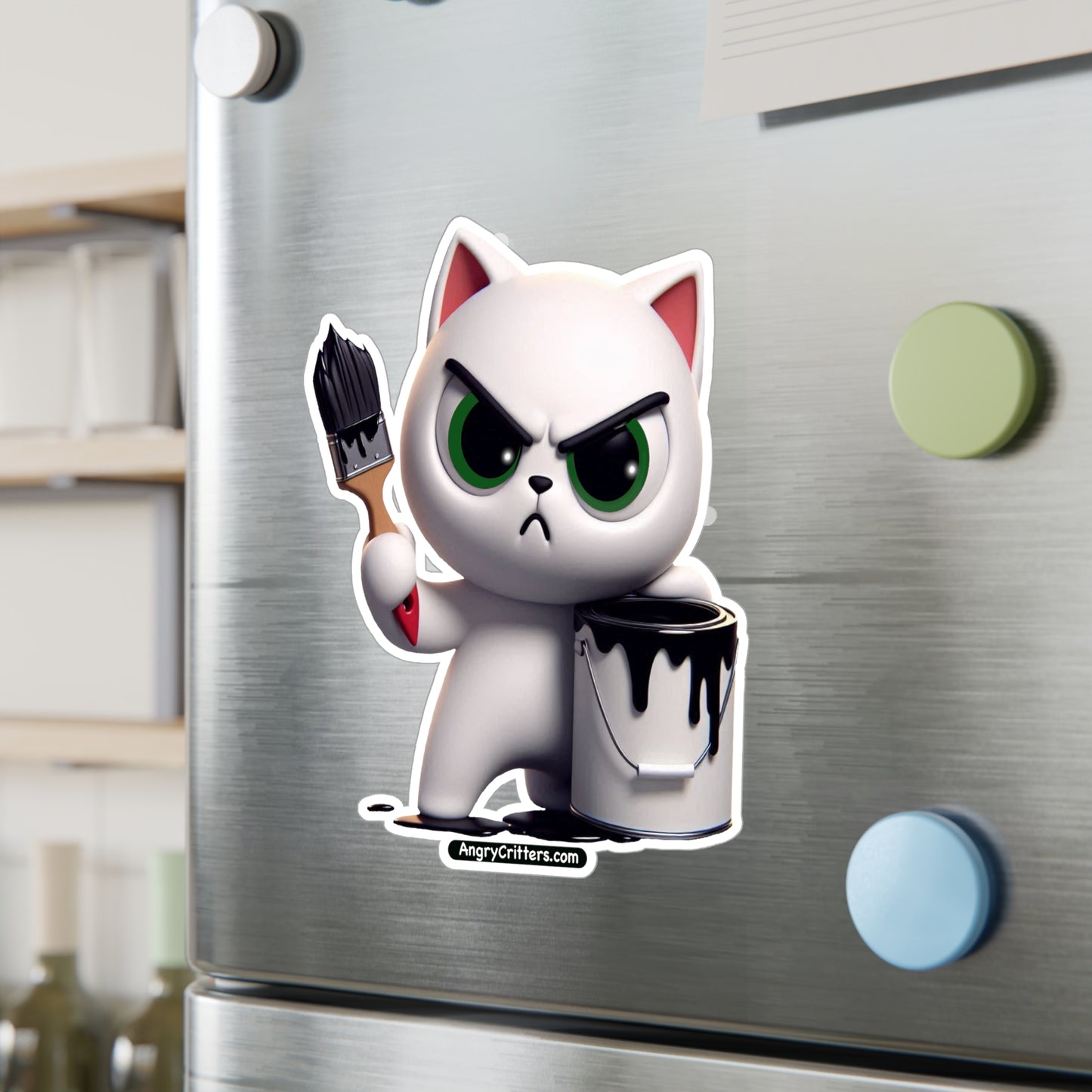 Angry Critters - White Cat with Black Paint, Kiss-Cut Vinyl Decals