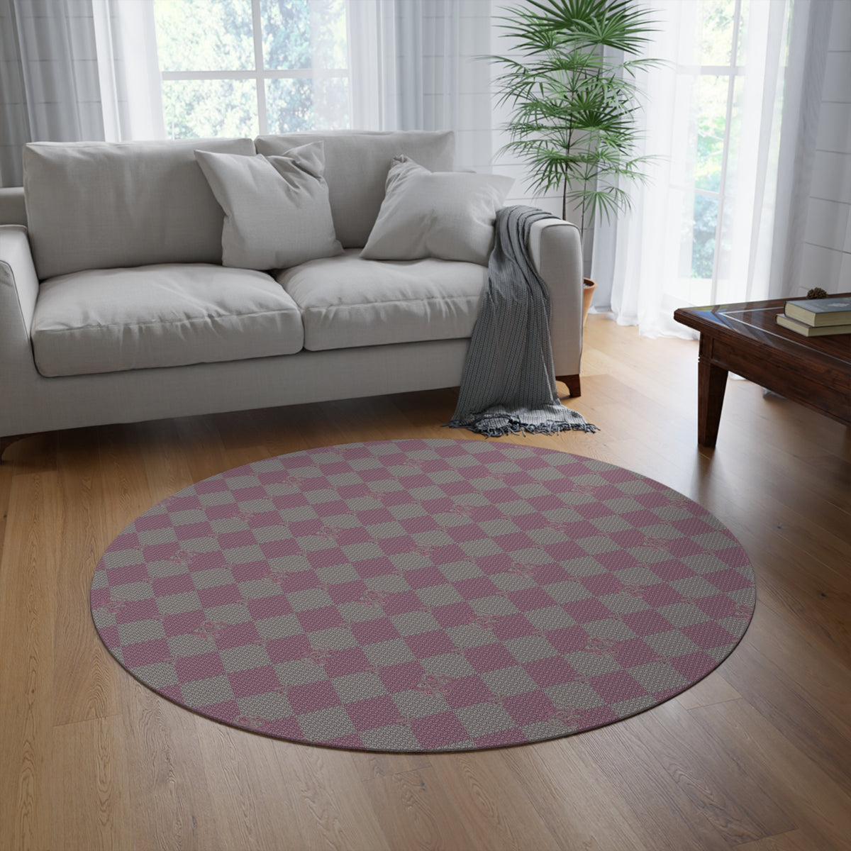 Vintage Pink & Grey Checkerboard Round Rug