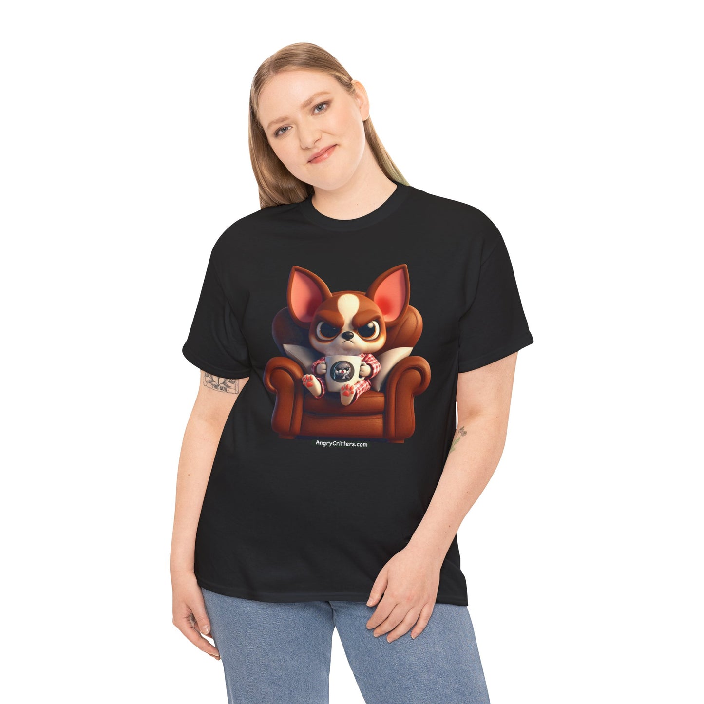 Angry Critters - Chihuahua Having Coffee, Unisex Heavy Cotton Tee