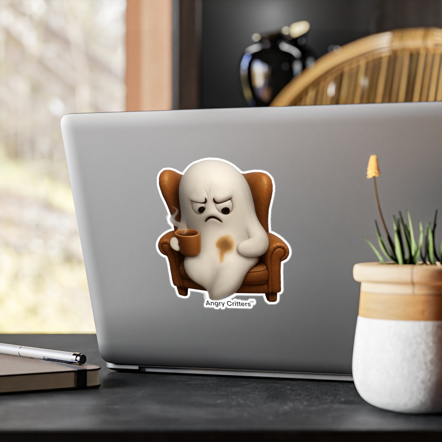 Angry Ghost with Coffee Stain Coffee Sticker — Kiss-Cut Vinyl Decal