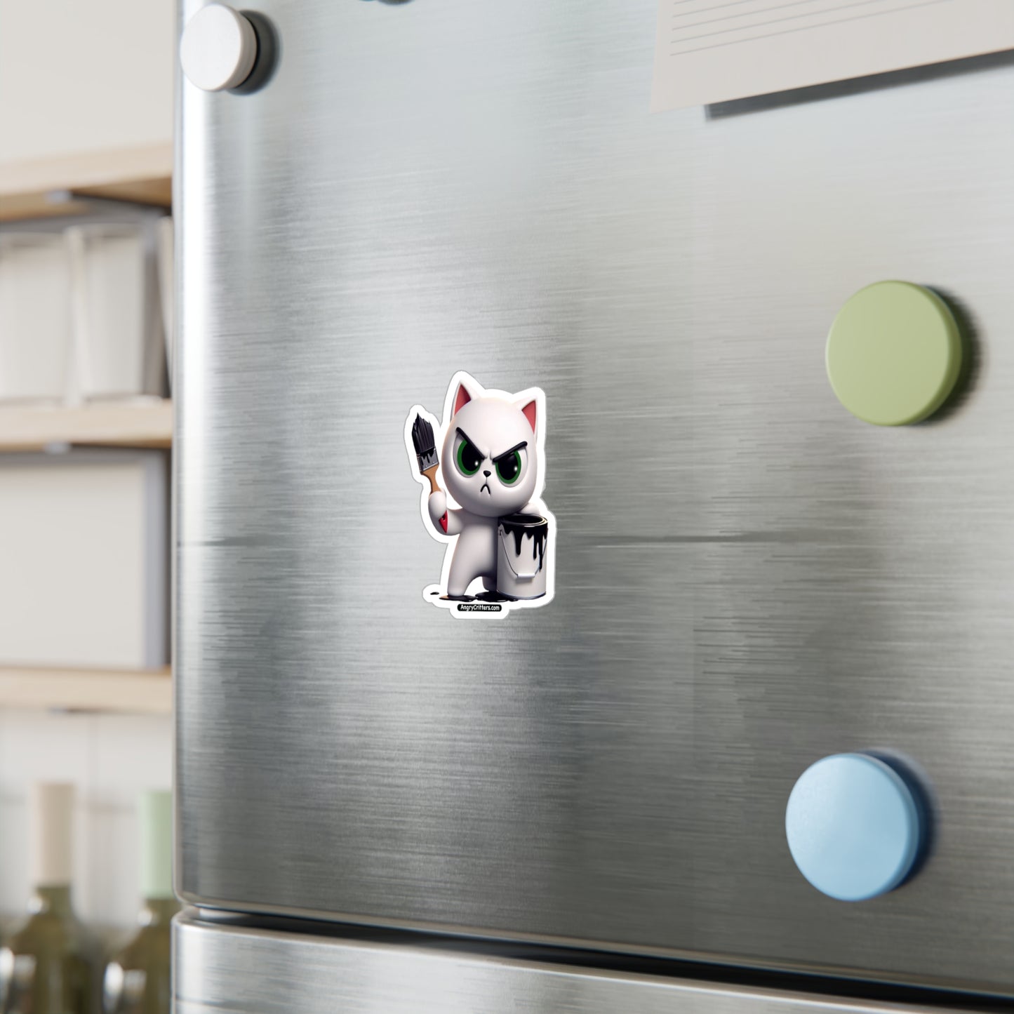 Angry Critters - White Cat with Black Paint, Kiss-Cut Vinyl Decals