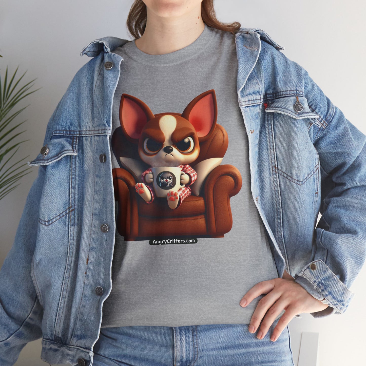 Angry Critters - Chihuahua Having Coffee, Unisex Heavy Cotton Tee