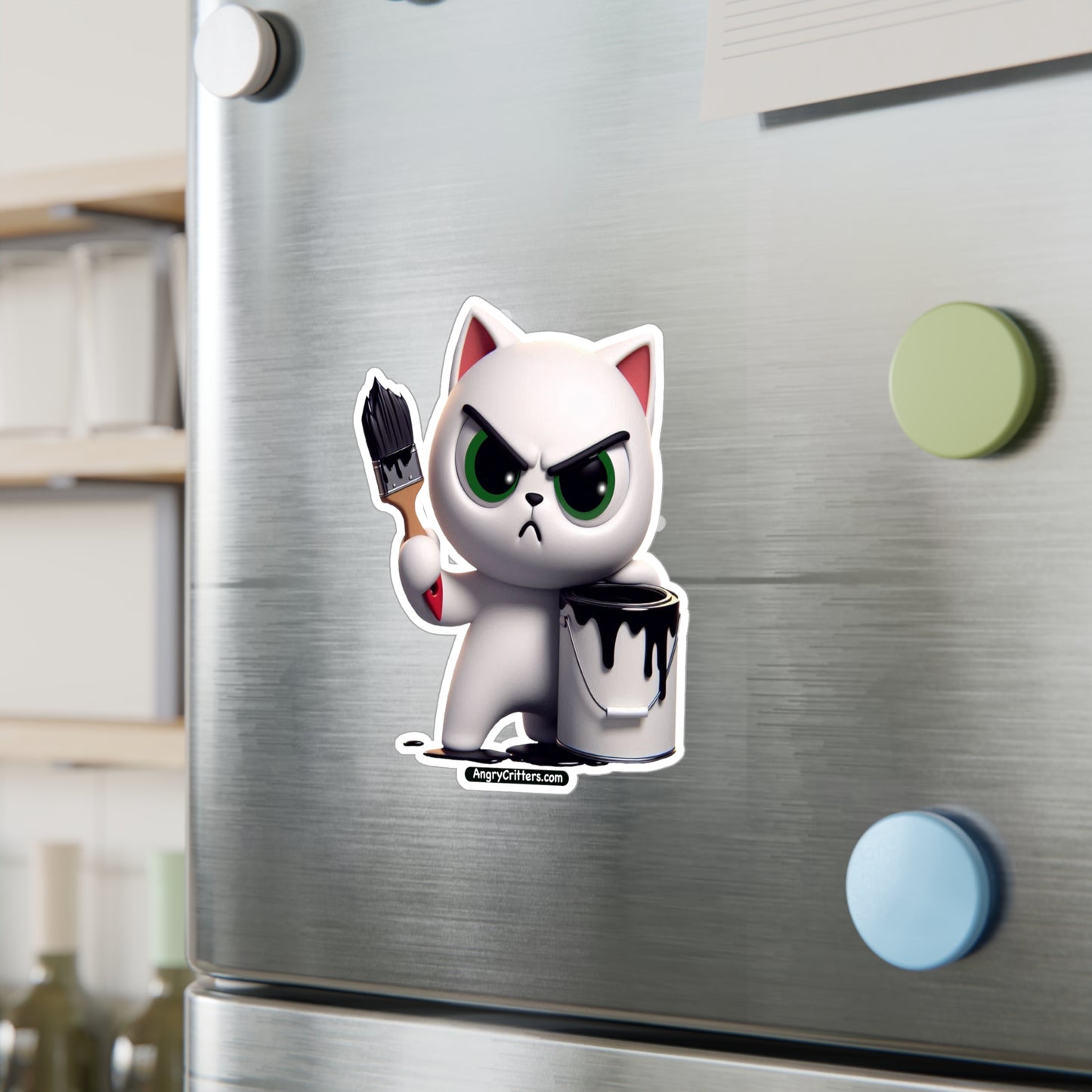 Angry Critters - White Cat with Black Paint, Kiss-Cut Vinyl Decals