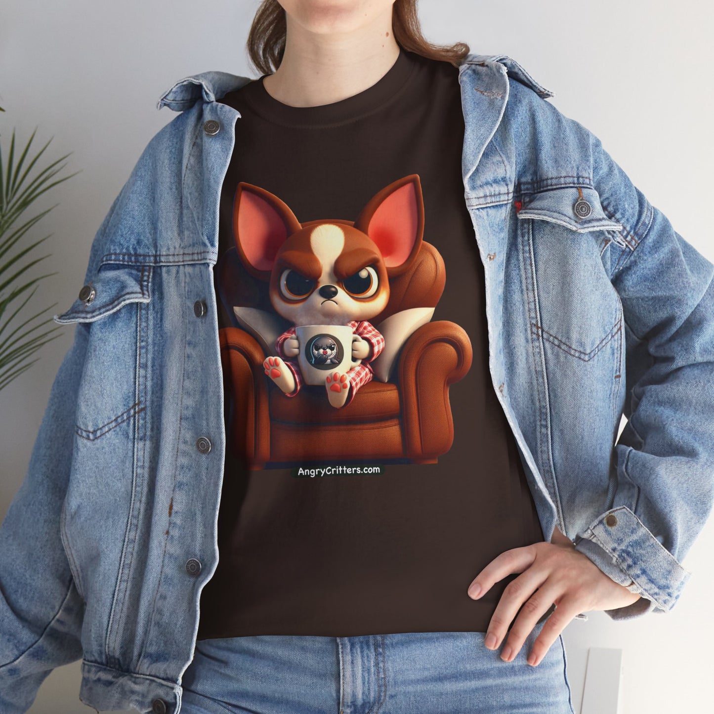 Angry Critters - Chihuahua Having Coffee, Unisex Heavy Cotton Tee