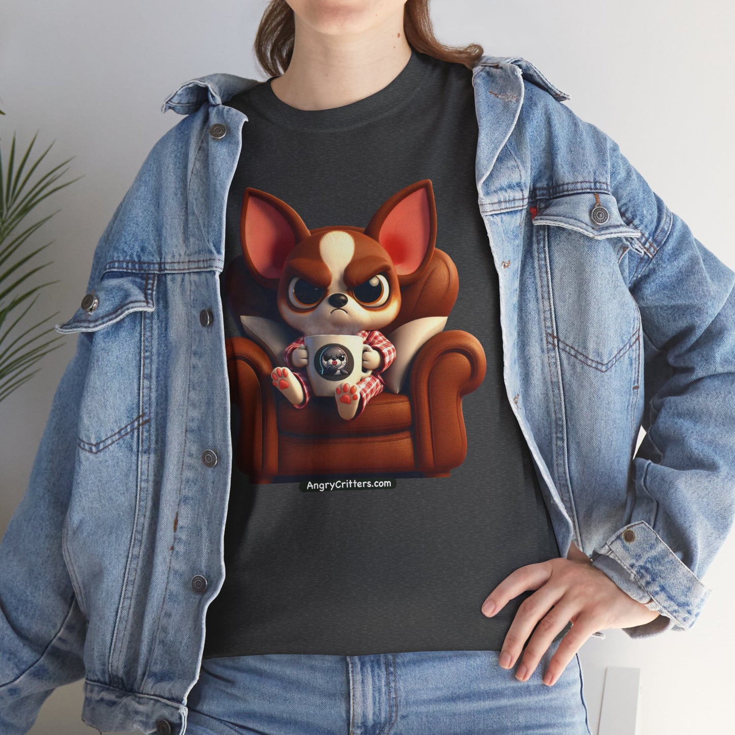 Angry Critters - Chihuahua Having Coffee, Unisex Heavy Cotton Tee