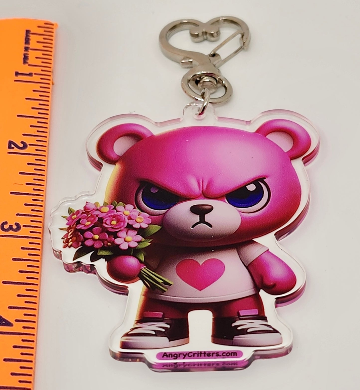 Angry Critters - Pink Teddy Bear with Flowers, Acrylic Keychain