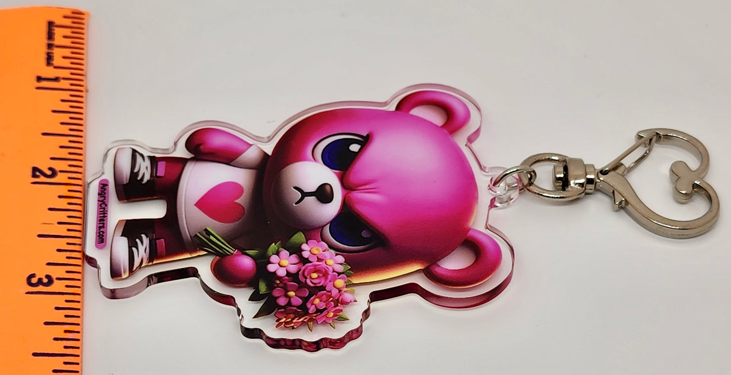 Angry Critters - Pink Teddy Bear with Flowers, Acrylic Keychain