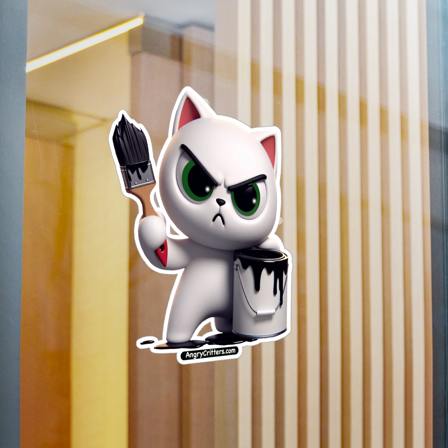 Angry Critters - White Cat with Black Paint, Kiss-Cut Vinyl Decals