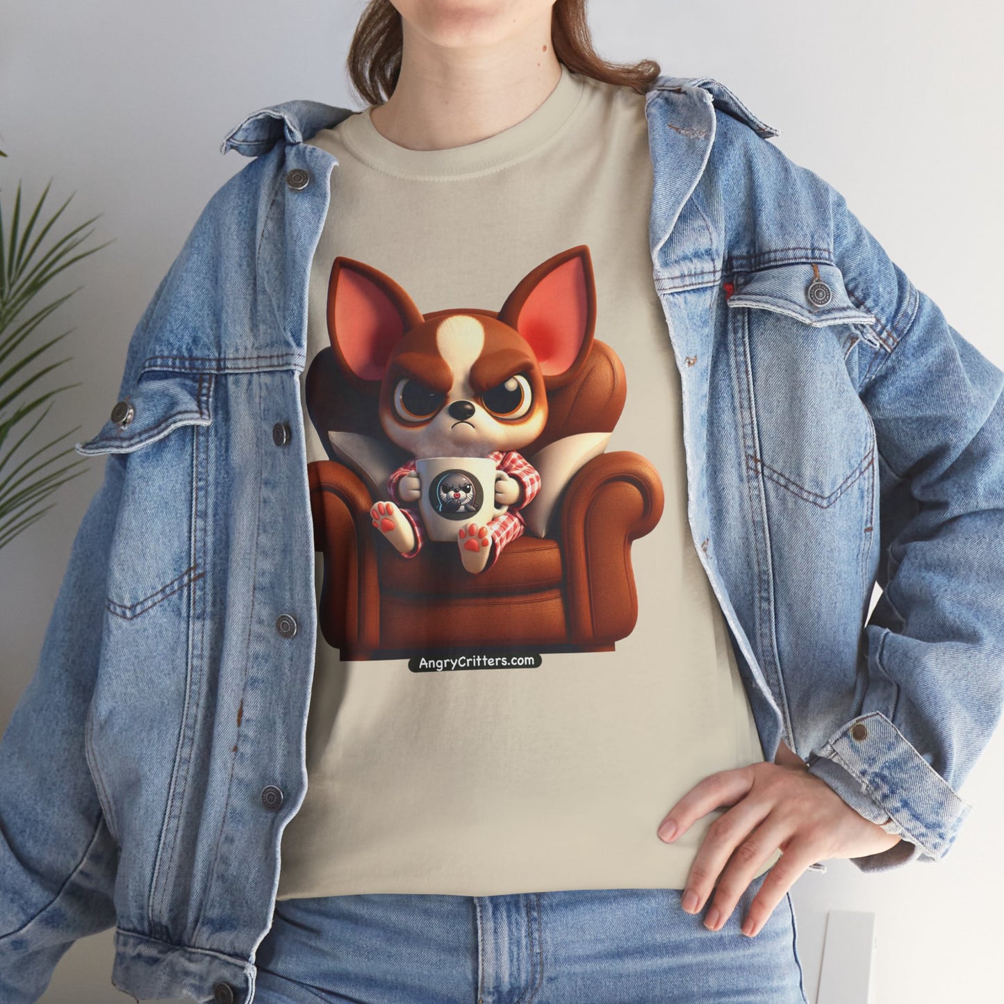 Angry Critters - Chihuahua Having Coffee, Unisex Heavy Cotton Tee