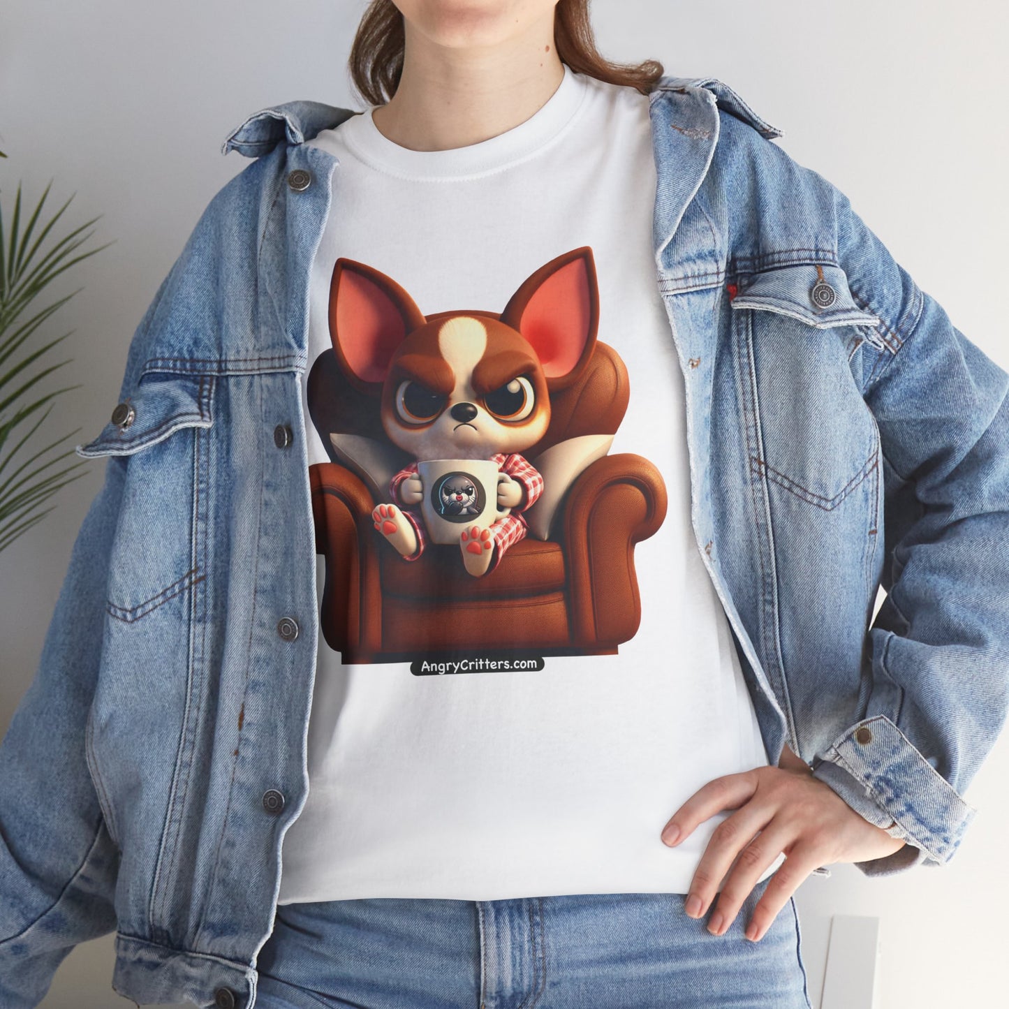 Angry Critters - Chihuahua Having Coffee, Unisex Heavy Cotton Tee