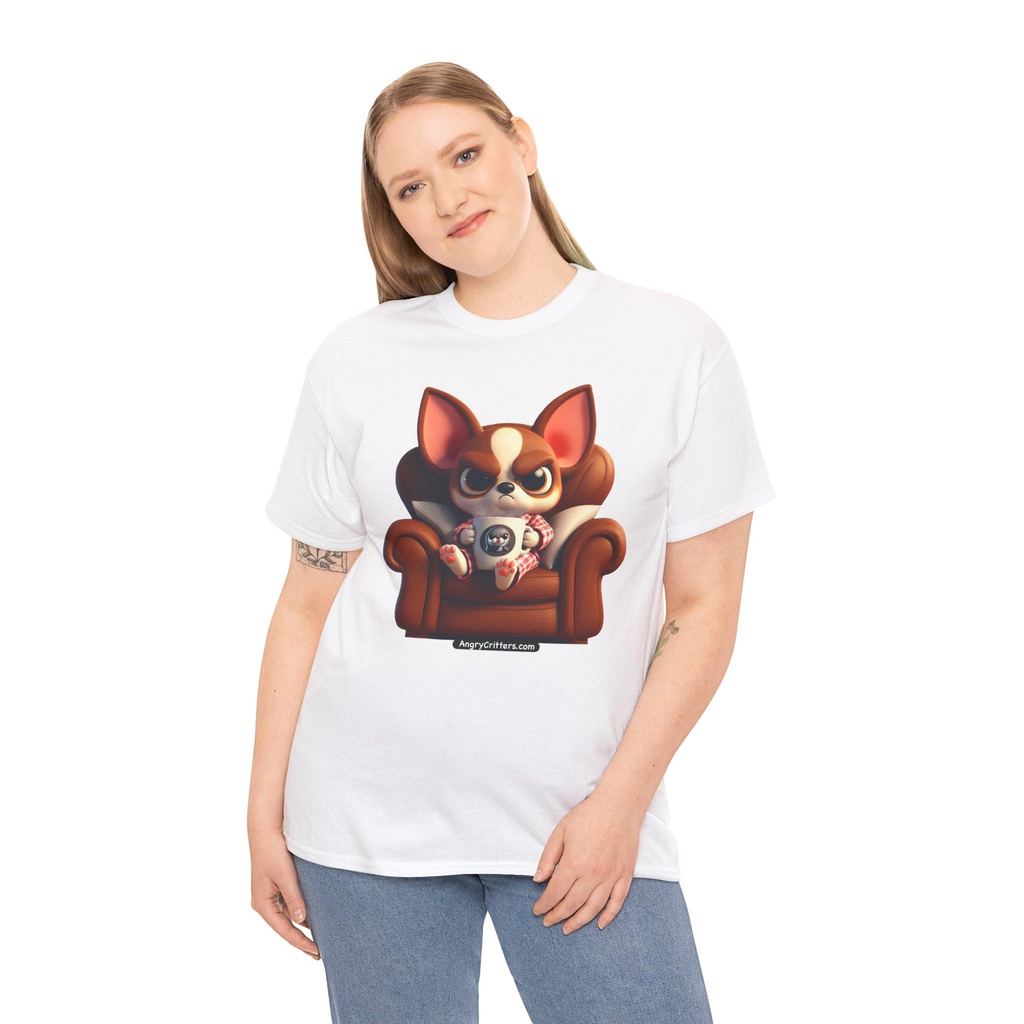 Angry Critters - Chihuahua Having Coffee, Unisex Heavy Cotton Tee