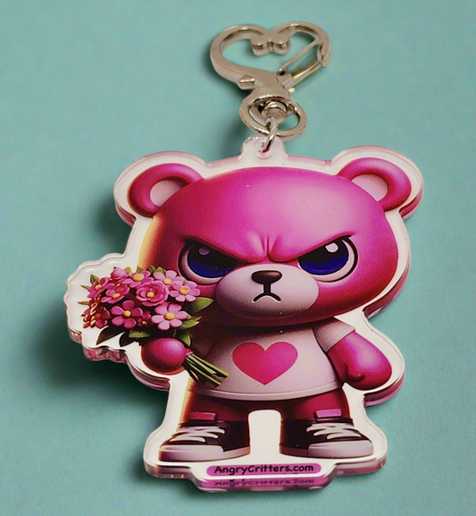 Angry Critters - Pink Teddy Bear with Flowers, Acrylic Keychain