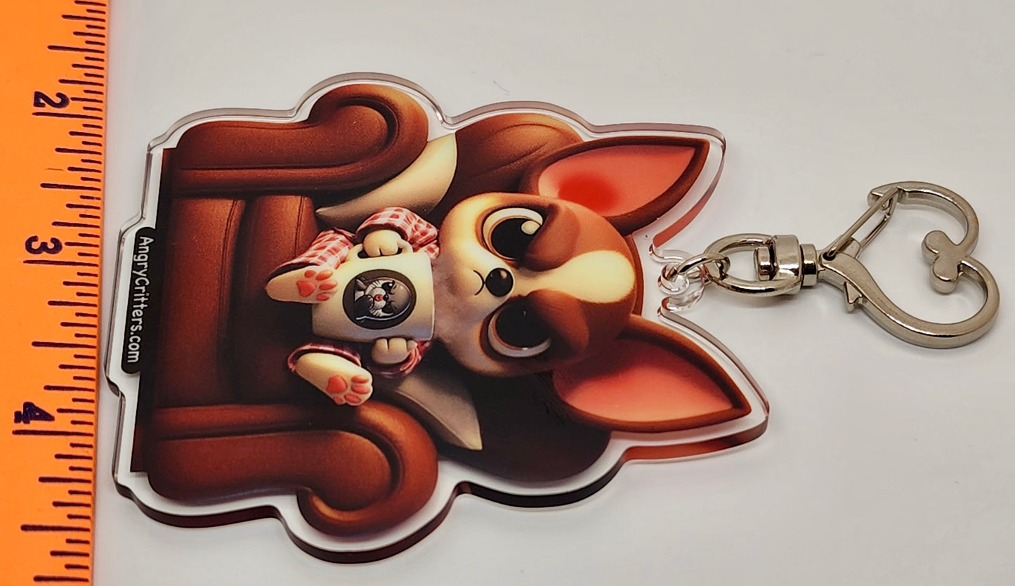 Angry Critters - Chihuahua Drinking Coffee, Acrylic Keychain