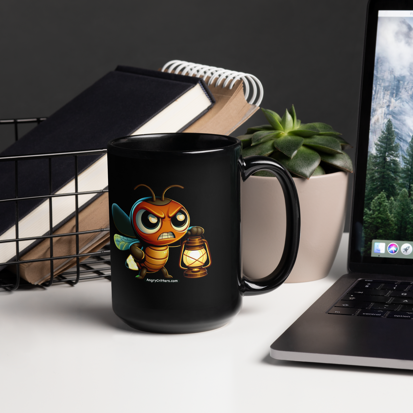 Angry Critters - Firefly with Lamp, Black Glossy Mug