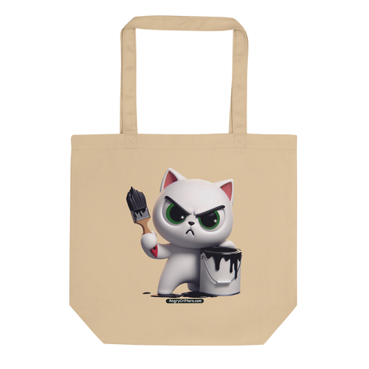 Angry Critters - White Cat with Black Paint, Eco Tote Bag