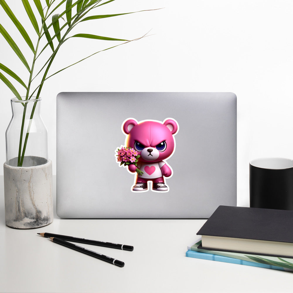 Angry Critters - Pink Teddy Bear with Flowers, Bubble-free stickers