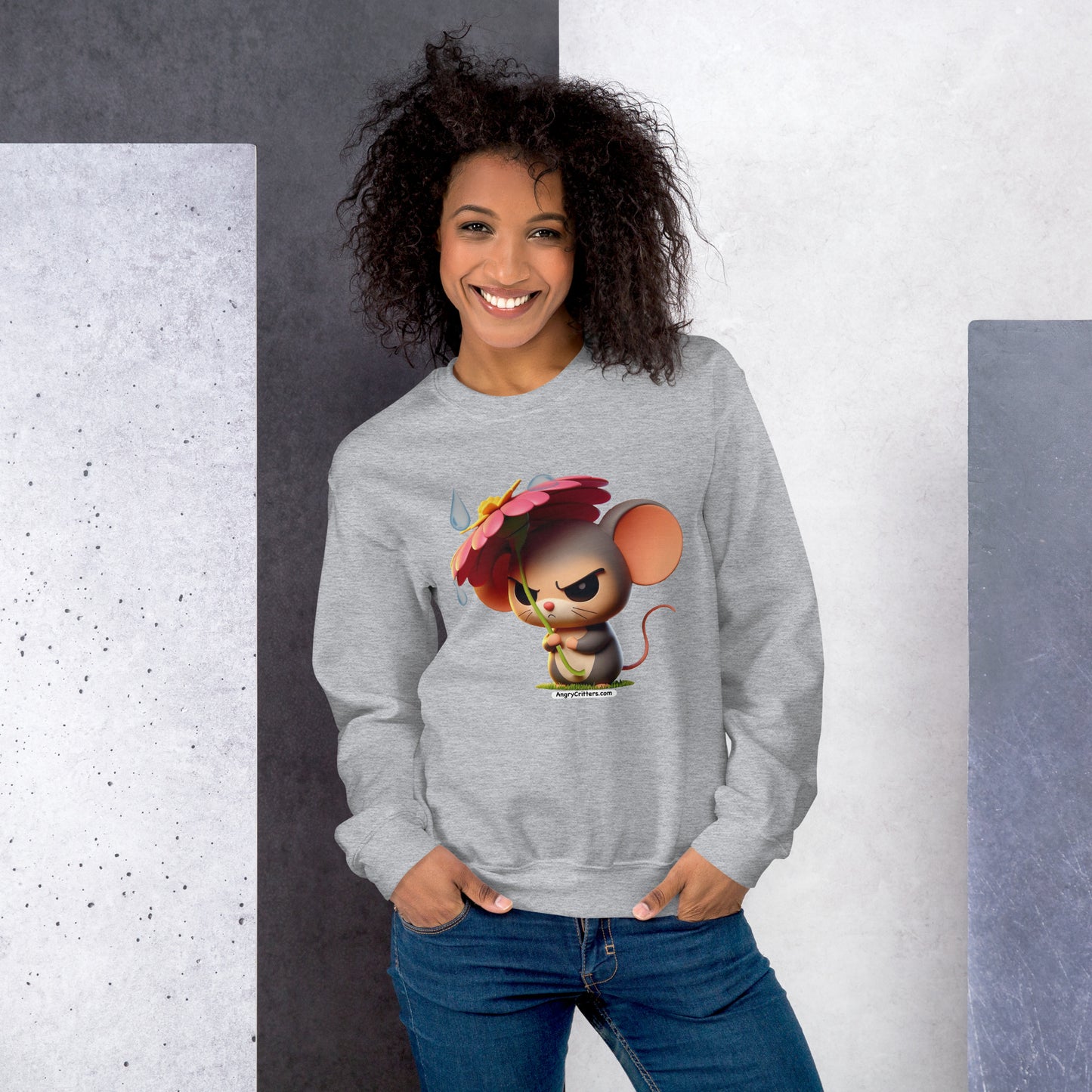 Angry Critters - Mouse with Flower Umbrella, Unisex Sweatshirt