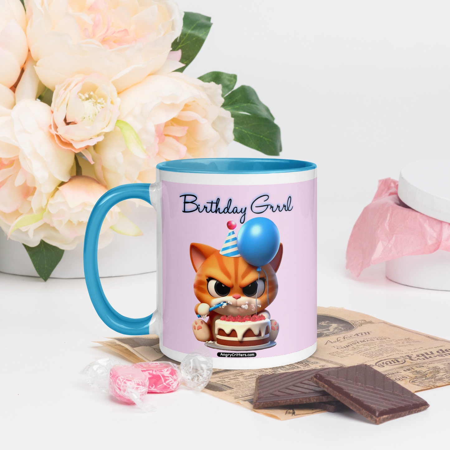 Angry Critters - Birthday Grrrl, Orange Kitty, Mug with Color Inside