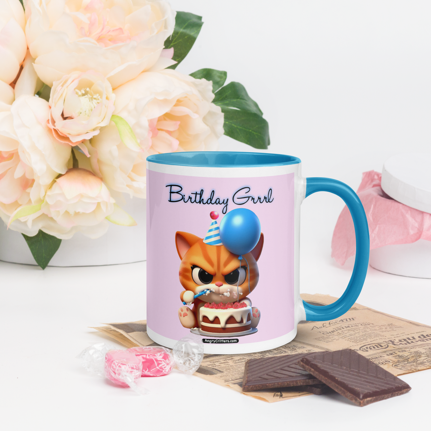 Angry Critters - Birthday Grrrl, Orange Kitty, Mug with Color Inside