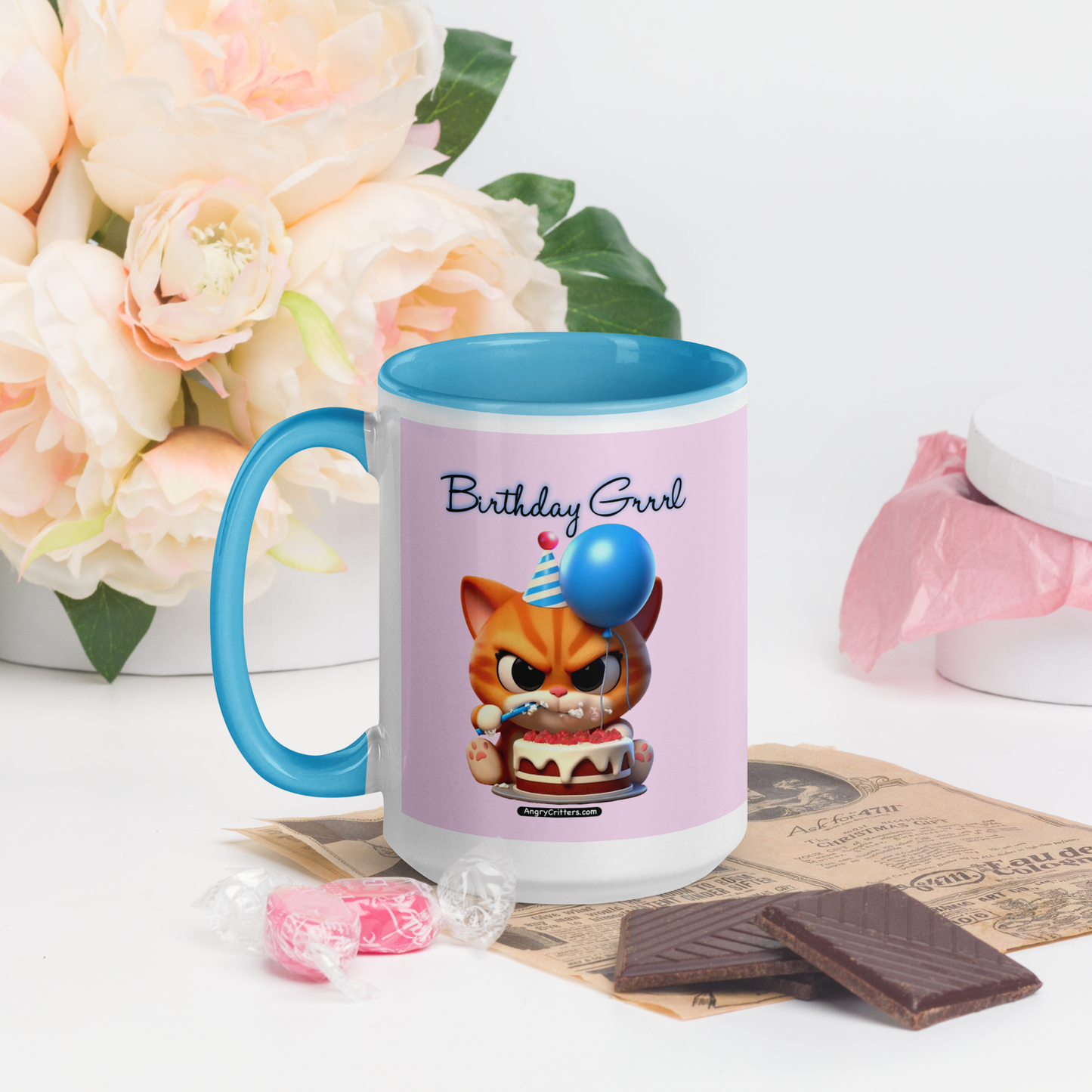 Angry Critters - Birthday Grrrl, Orange Kitty, Mug with Color Inside