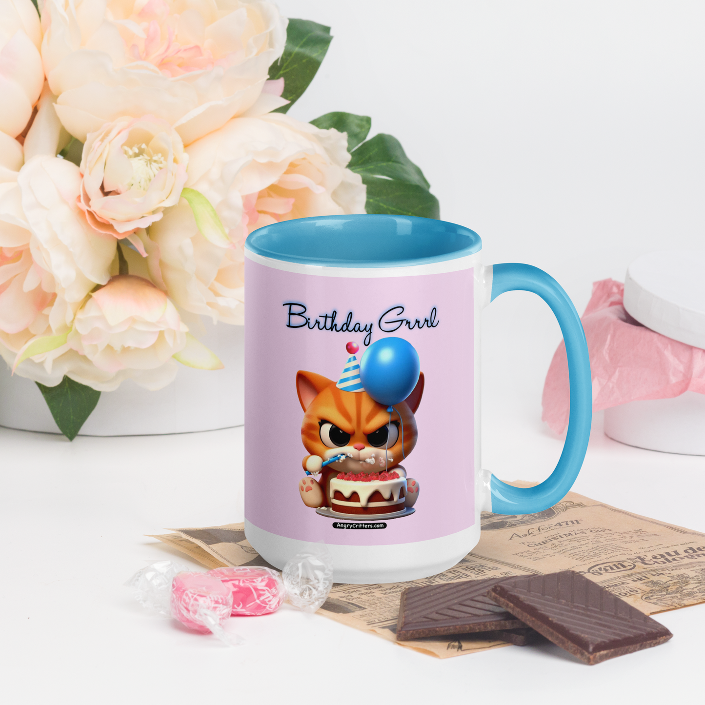 Angry Critters - Birthday Grrrl, Orange Kitty, Mug with Color Inside