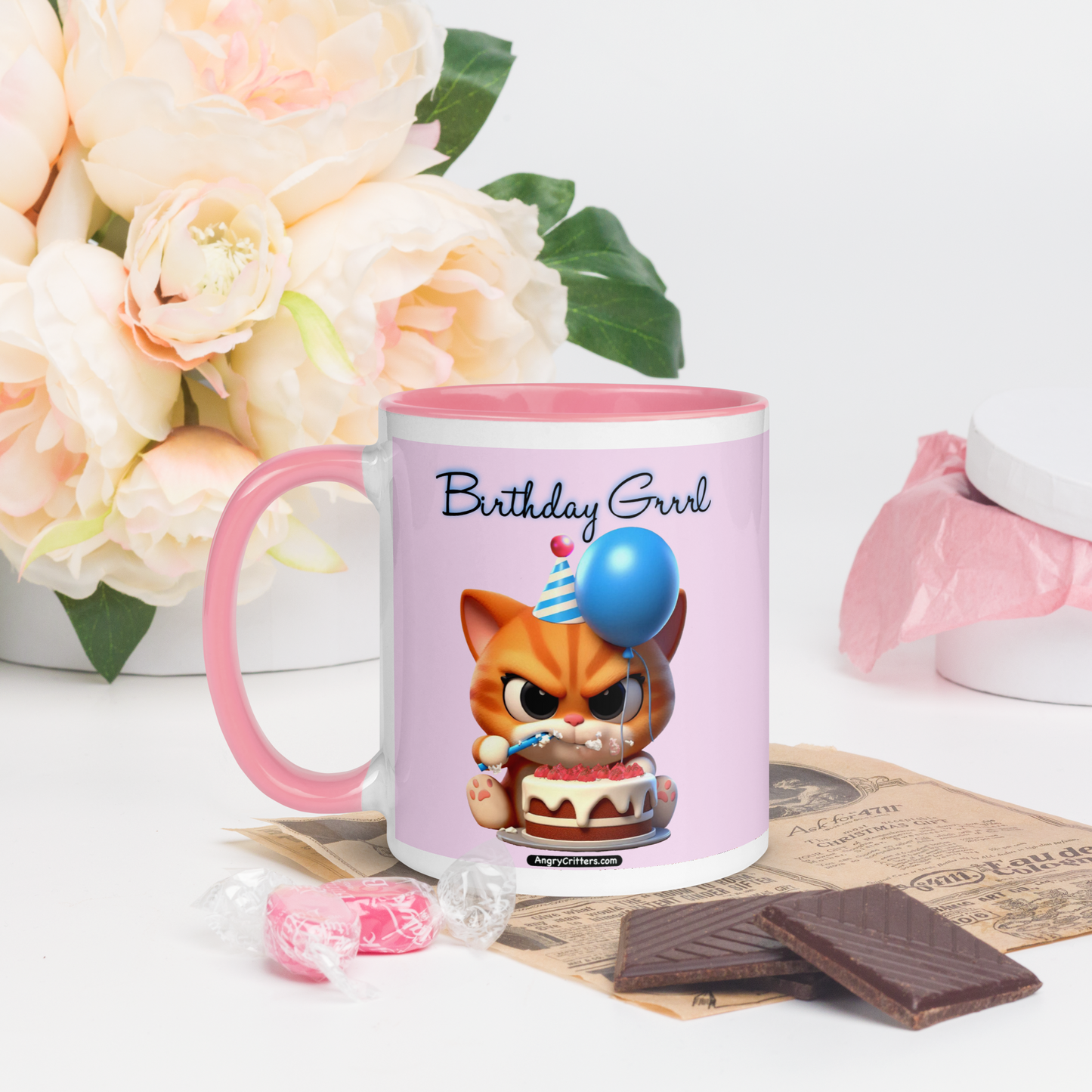 Angry Critters - Birthday Grrrl, Orange Kitty, Mug with Color Inside