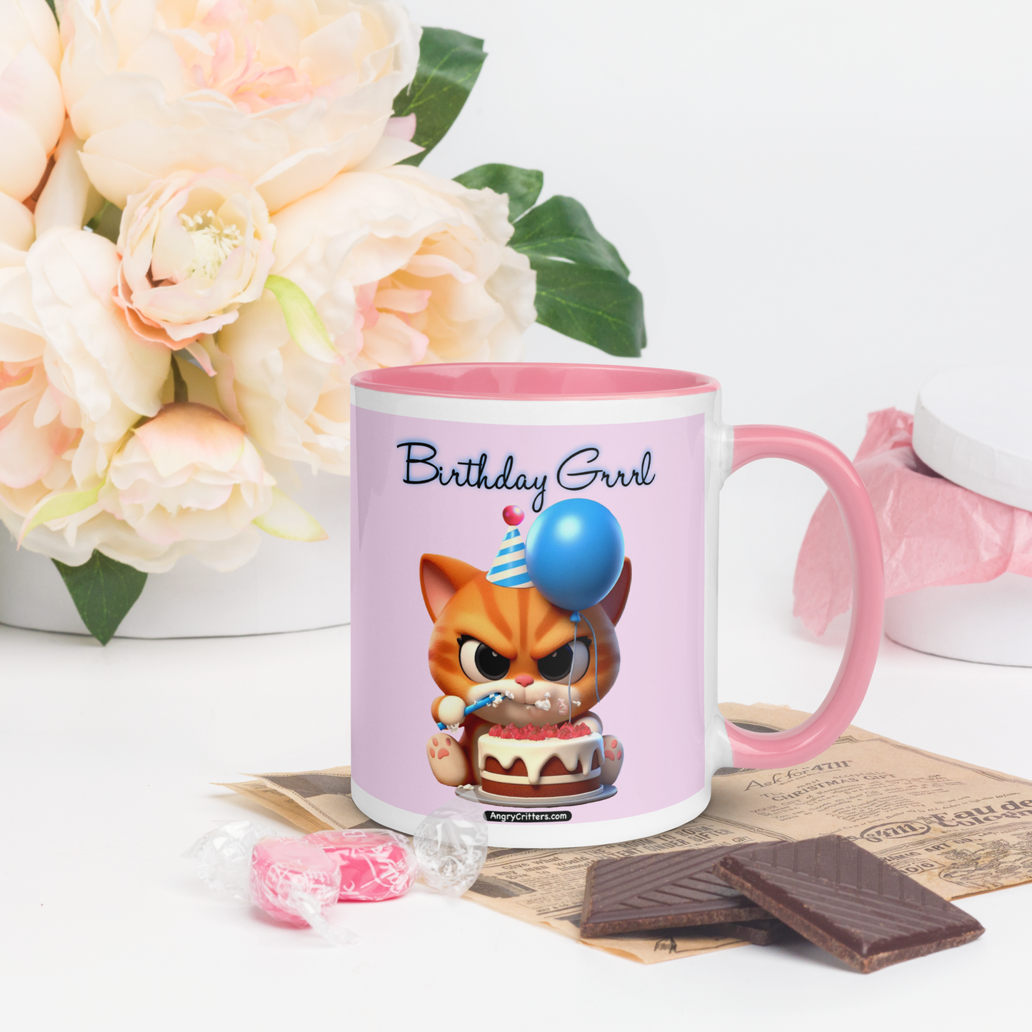 Angry Critters - Birthday Grrrl, Orange Kitty, Mug with Color Inside