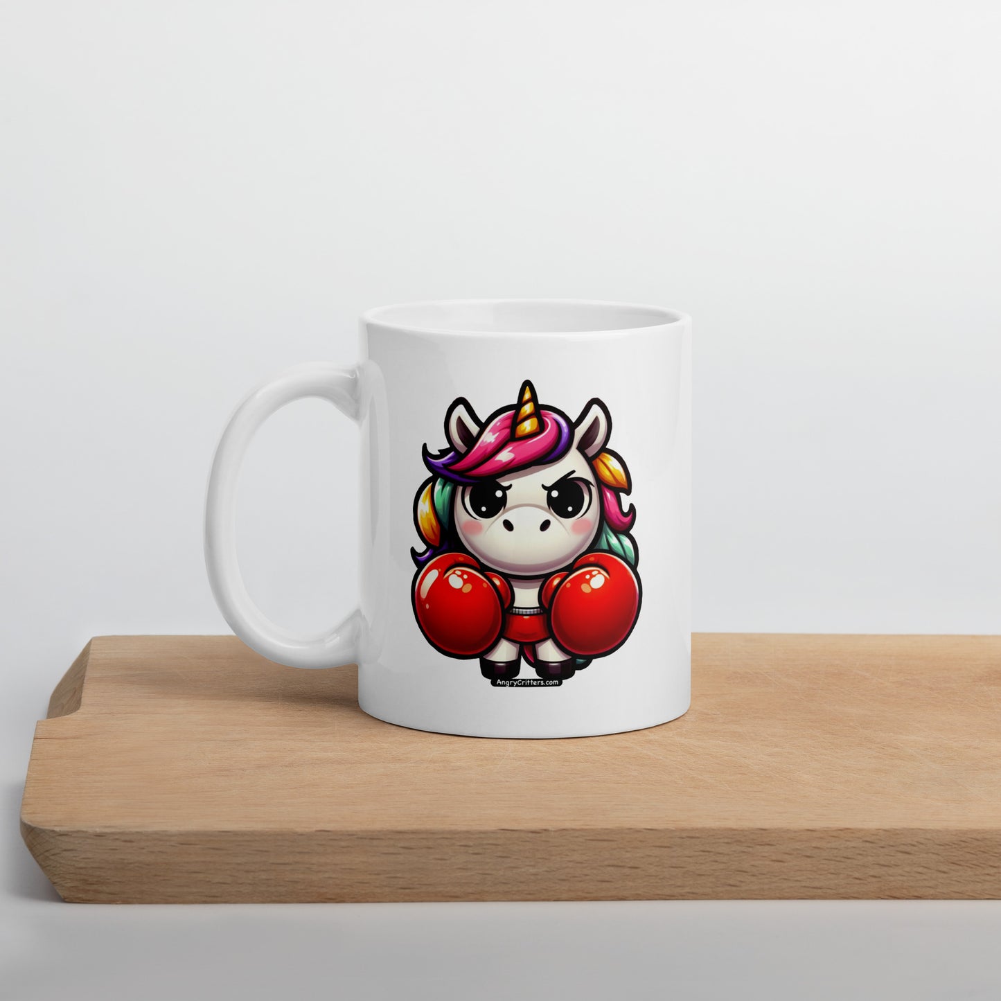 Angry Critters - Unicorn in Boxing Gloves White glossy mug