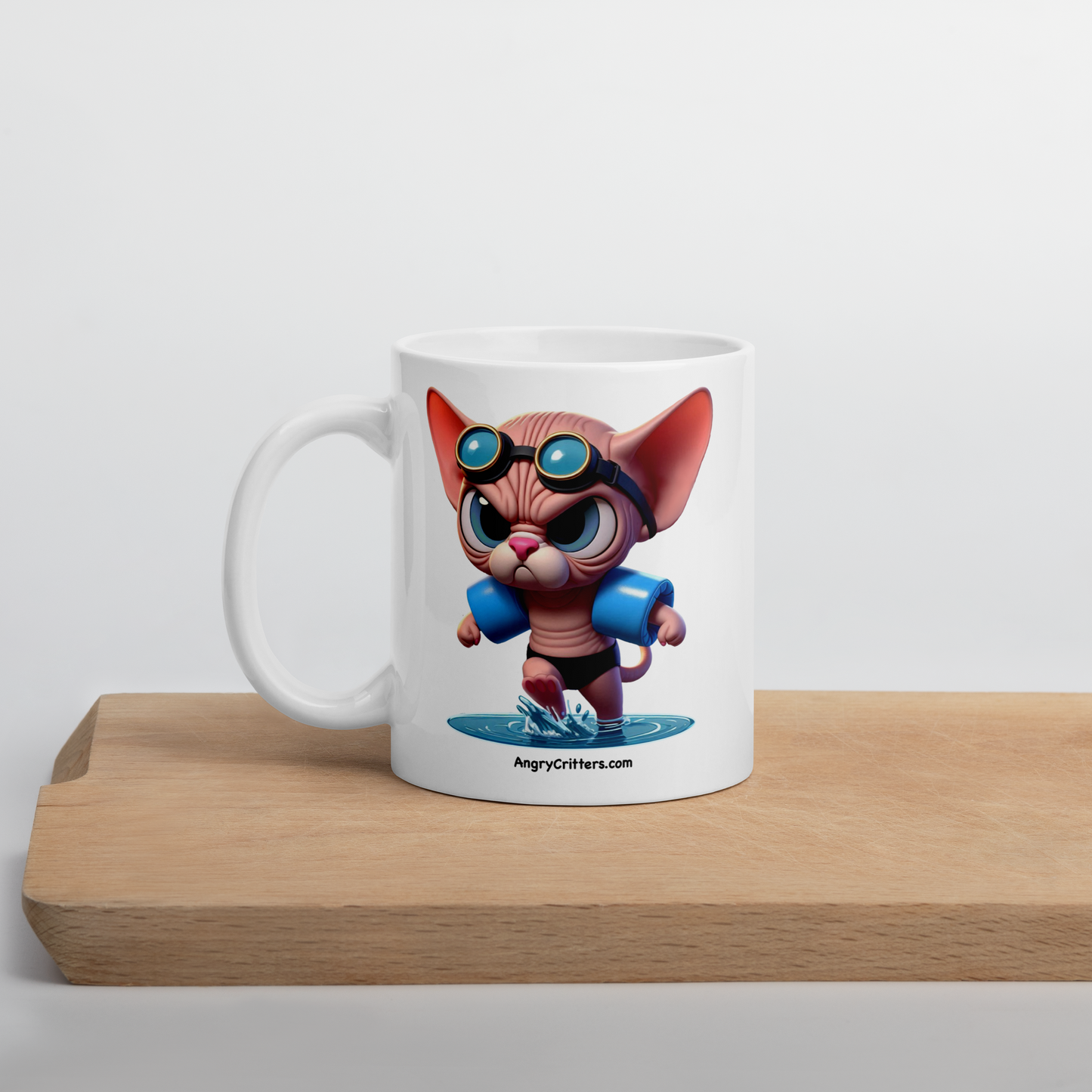 Angry Critters - Swimming Sphinx Cat, White glossy mug