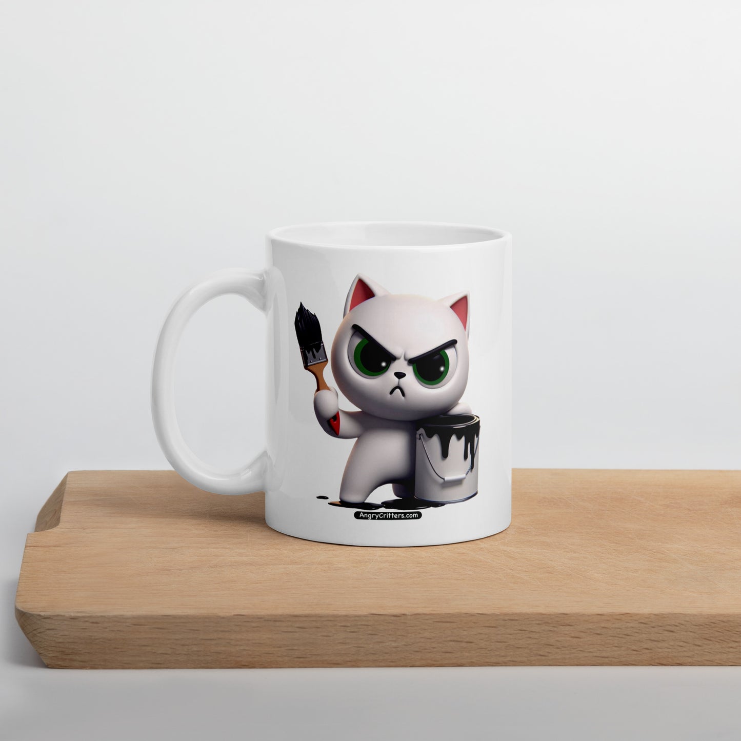 Angry Critters - White Cat with Black Paint, White glossy mug