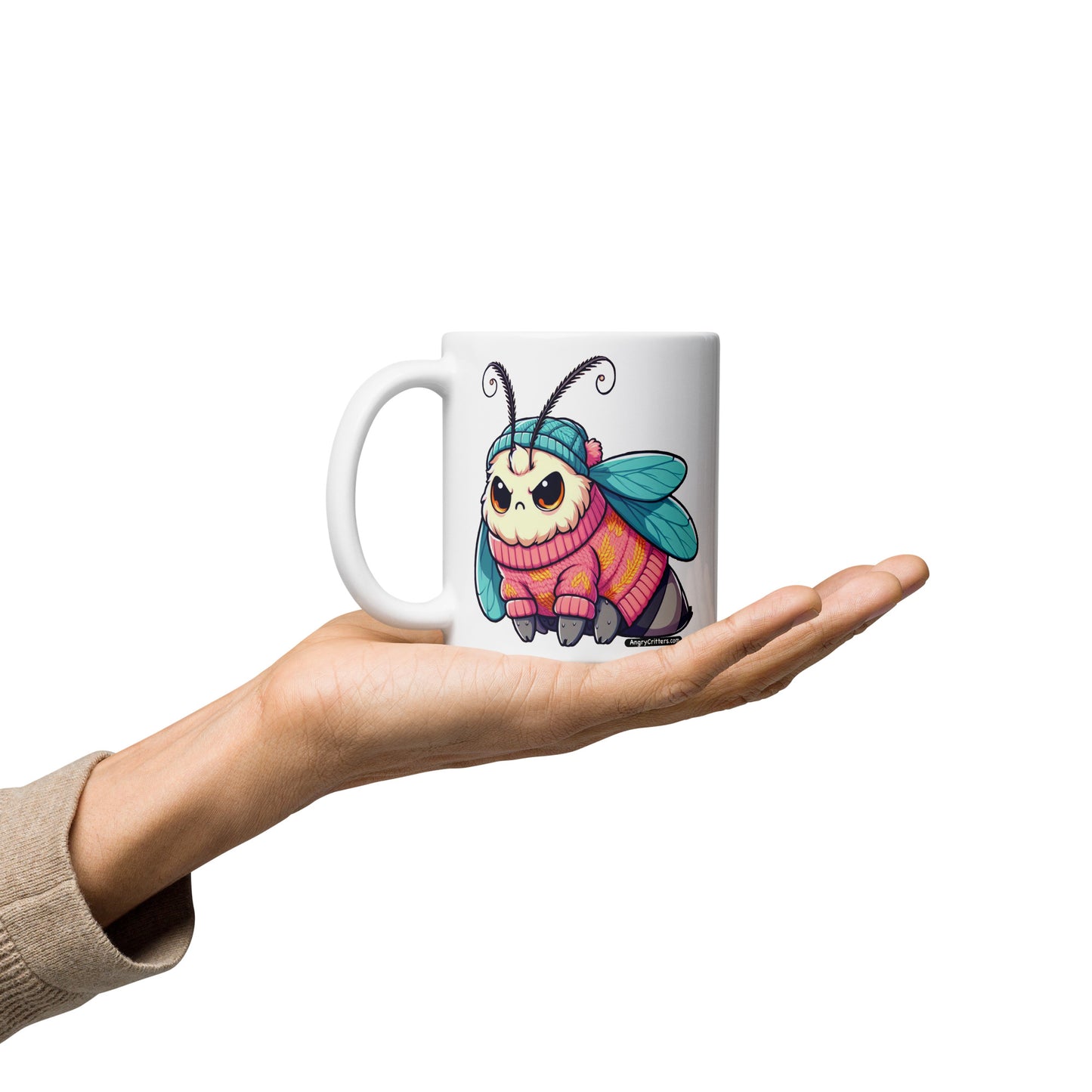 Angry Critters - Moth in a Sweater White glossy mug