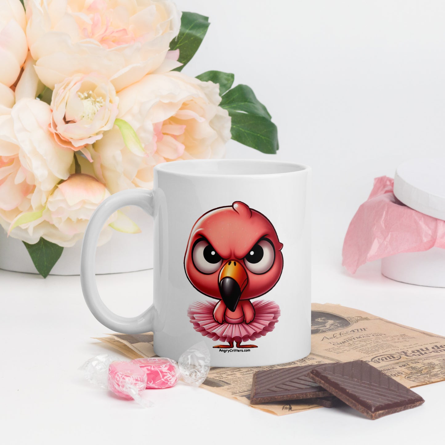 Angry Critters - Pink Flamingo Ballerina White glossy mug