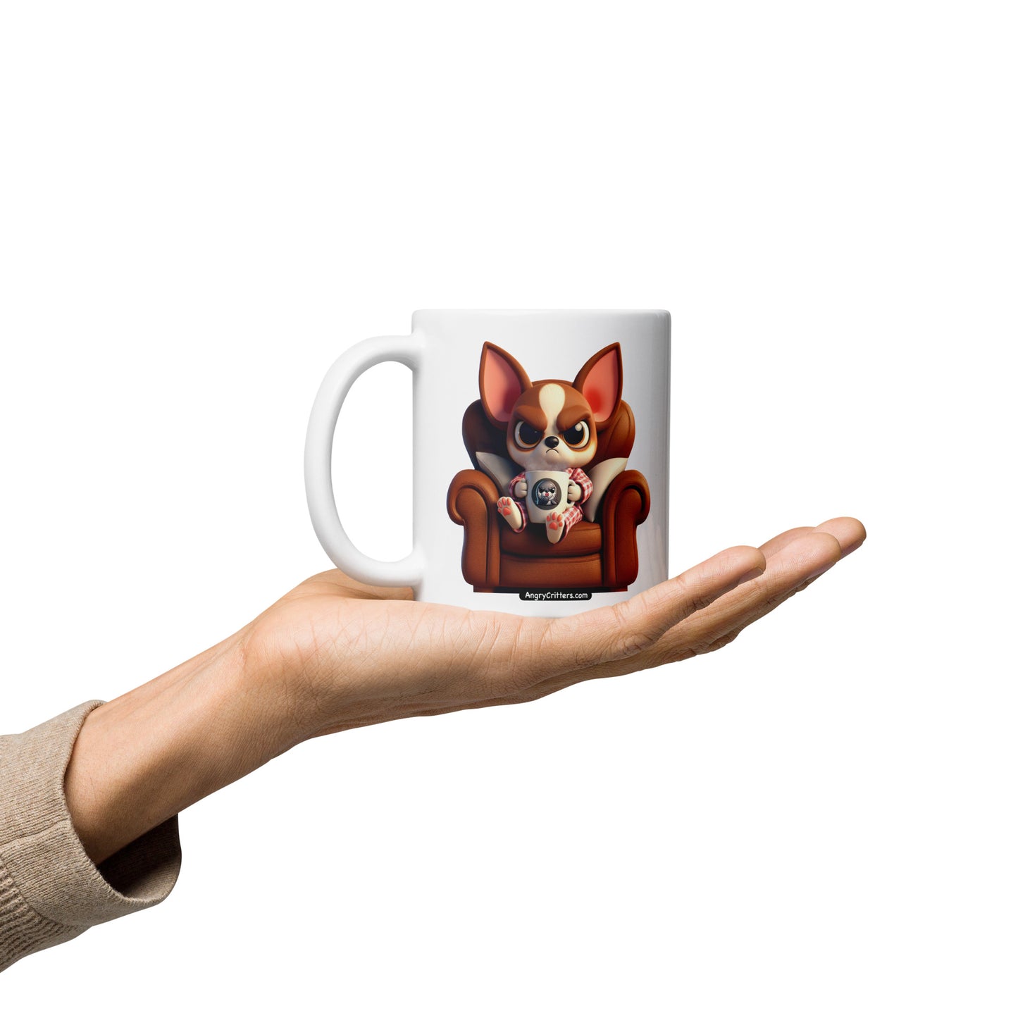 Angry Critters - Chihuahua Drinking Coffee White glossy mug