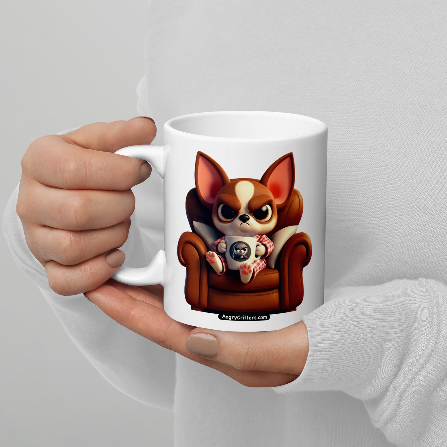 Angry Critters - Chihuahua Drinking Coffee White glossy mug