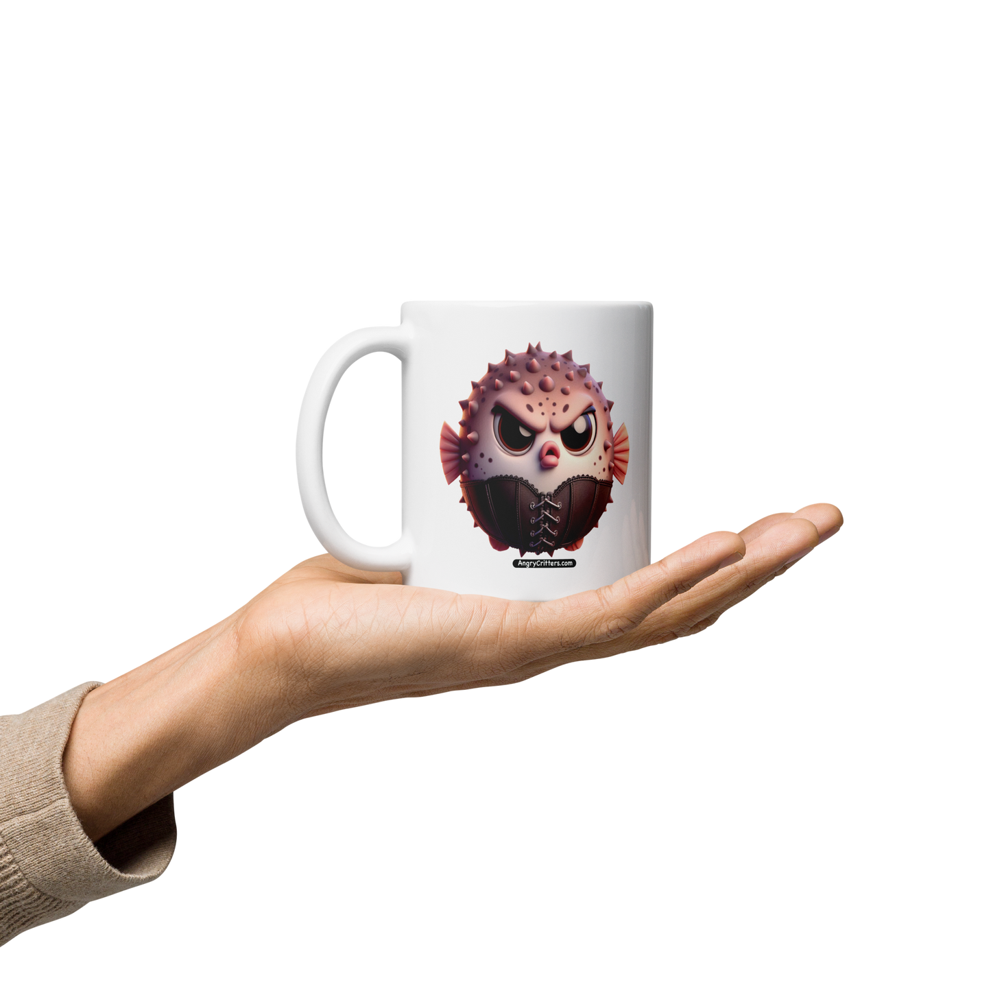 Angry Critters - Cinched Puffer, White glossy mug