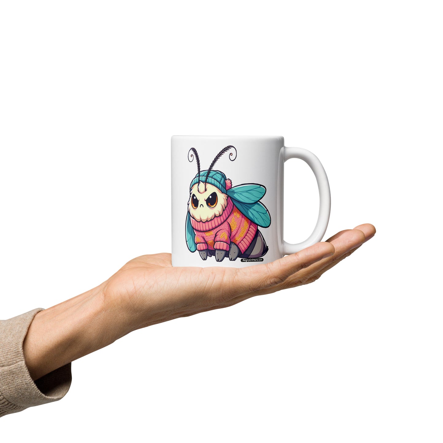 Angry Critters - Moth in a Sweater White glossy mug