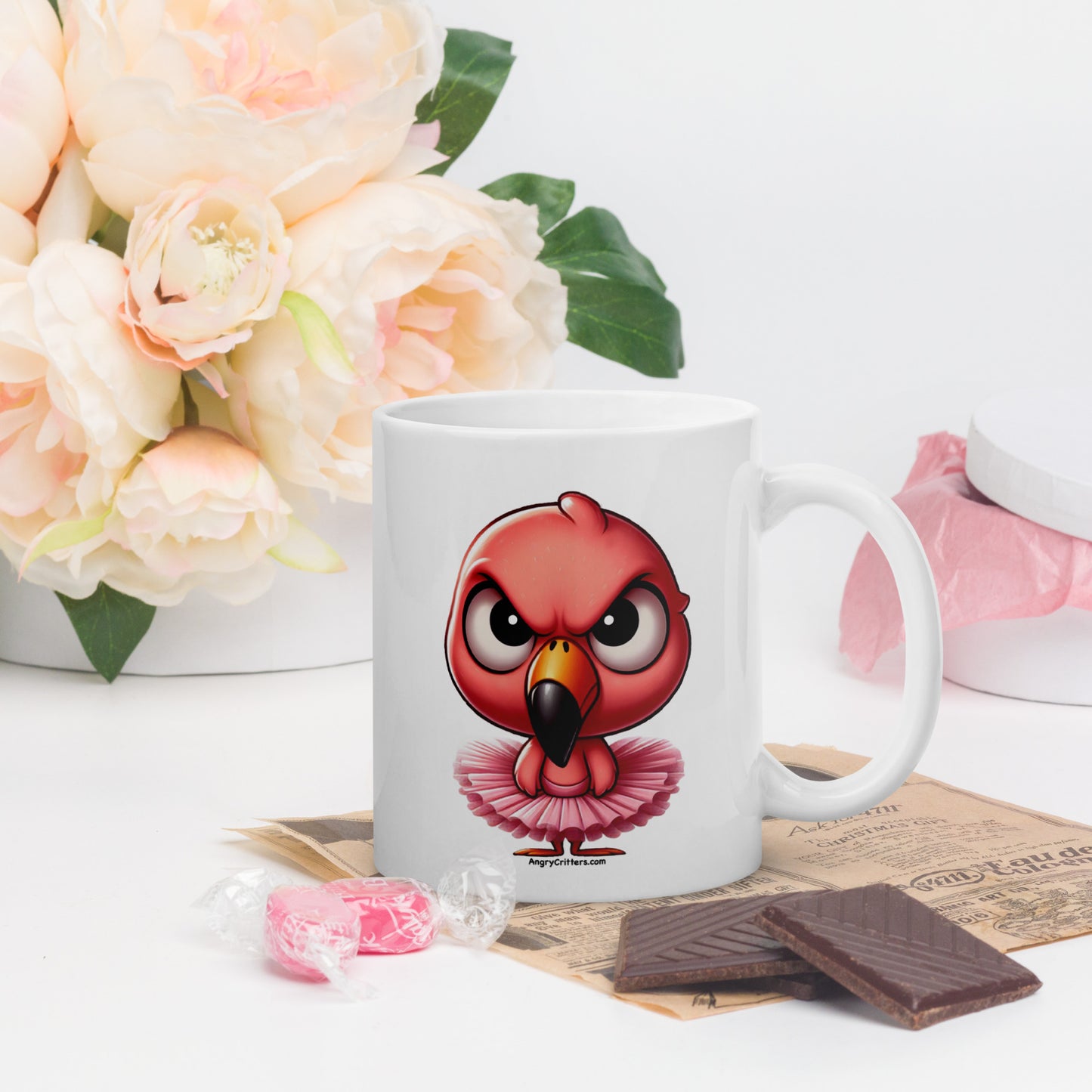 Angry Critters - Pink Flamingo Ballerina White glossy mug