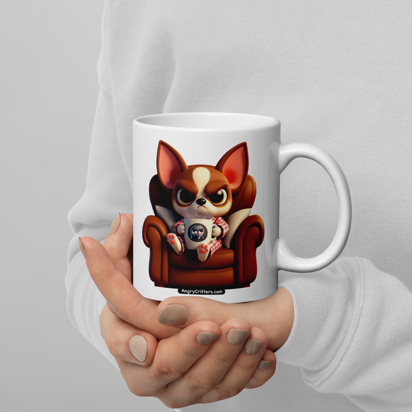 Angry Critters - Chihuahua Drinking Coffee White glossy mug