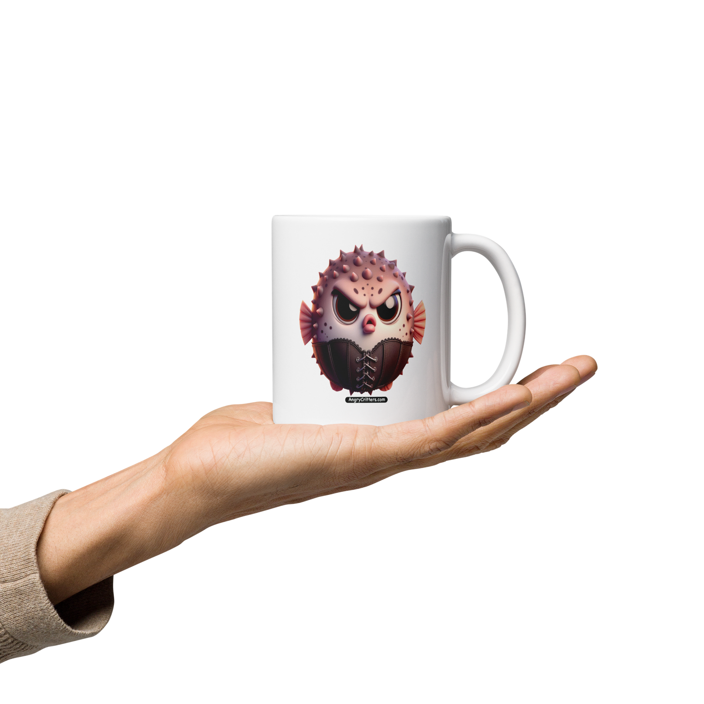 Angry Critters - Cinched Puffer, White glossy mug