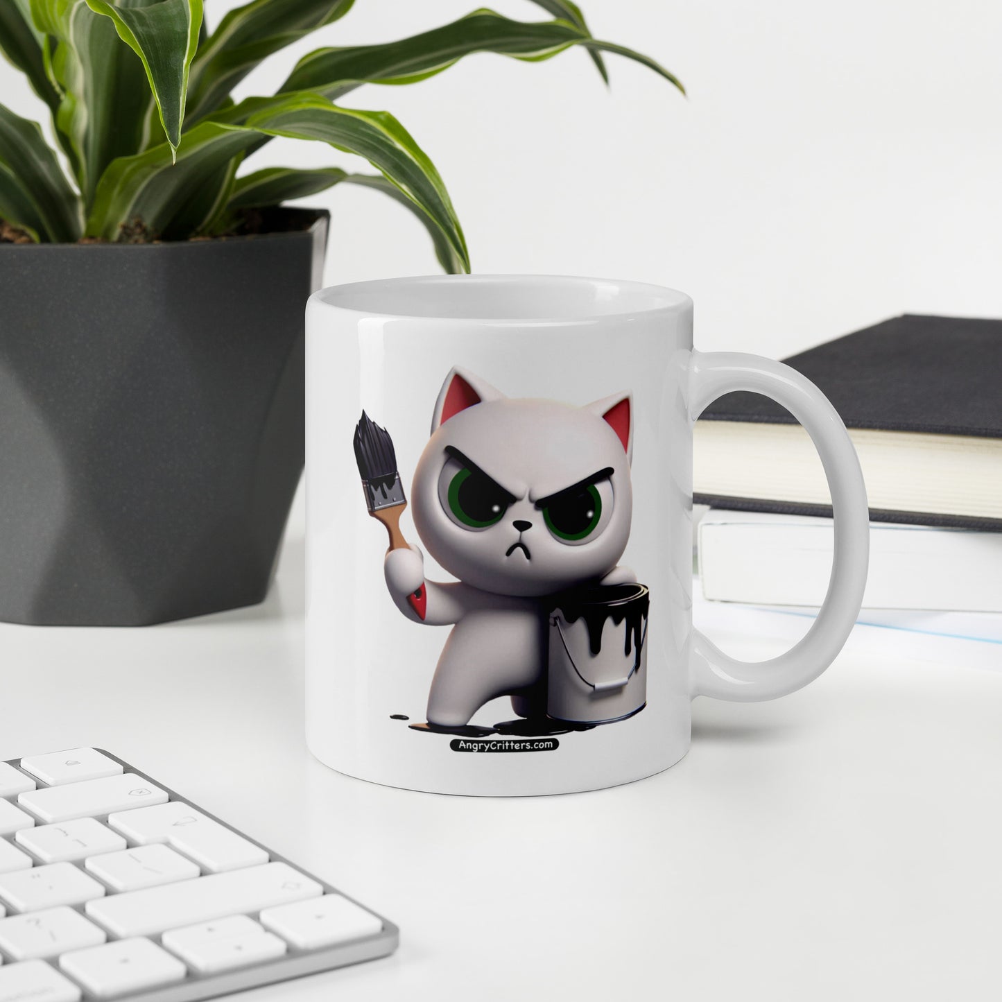 Angry Critters - White Cat with Black Paint, White glossy mug