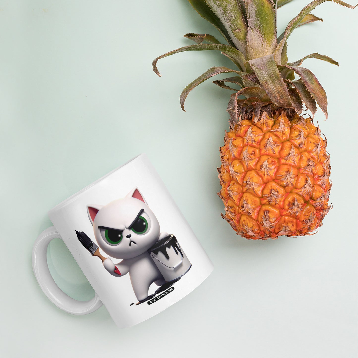 Angry Critters - White Cat with Black Paint, White glossy mug