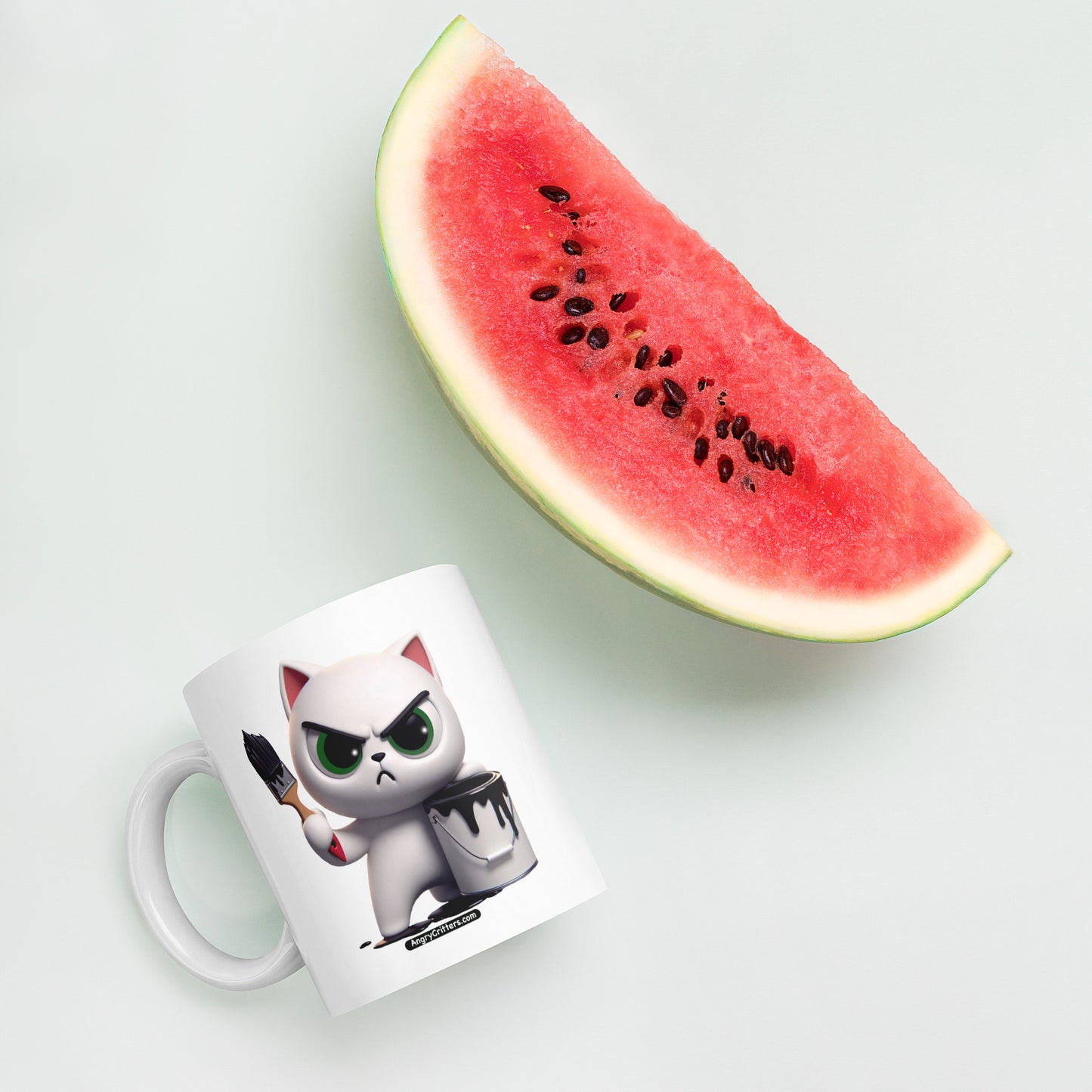 Angry Critters - White Cat with Black Paint, White glossy mug