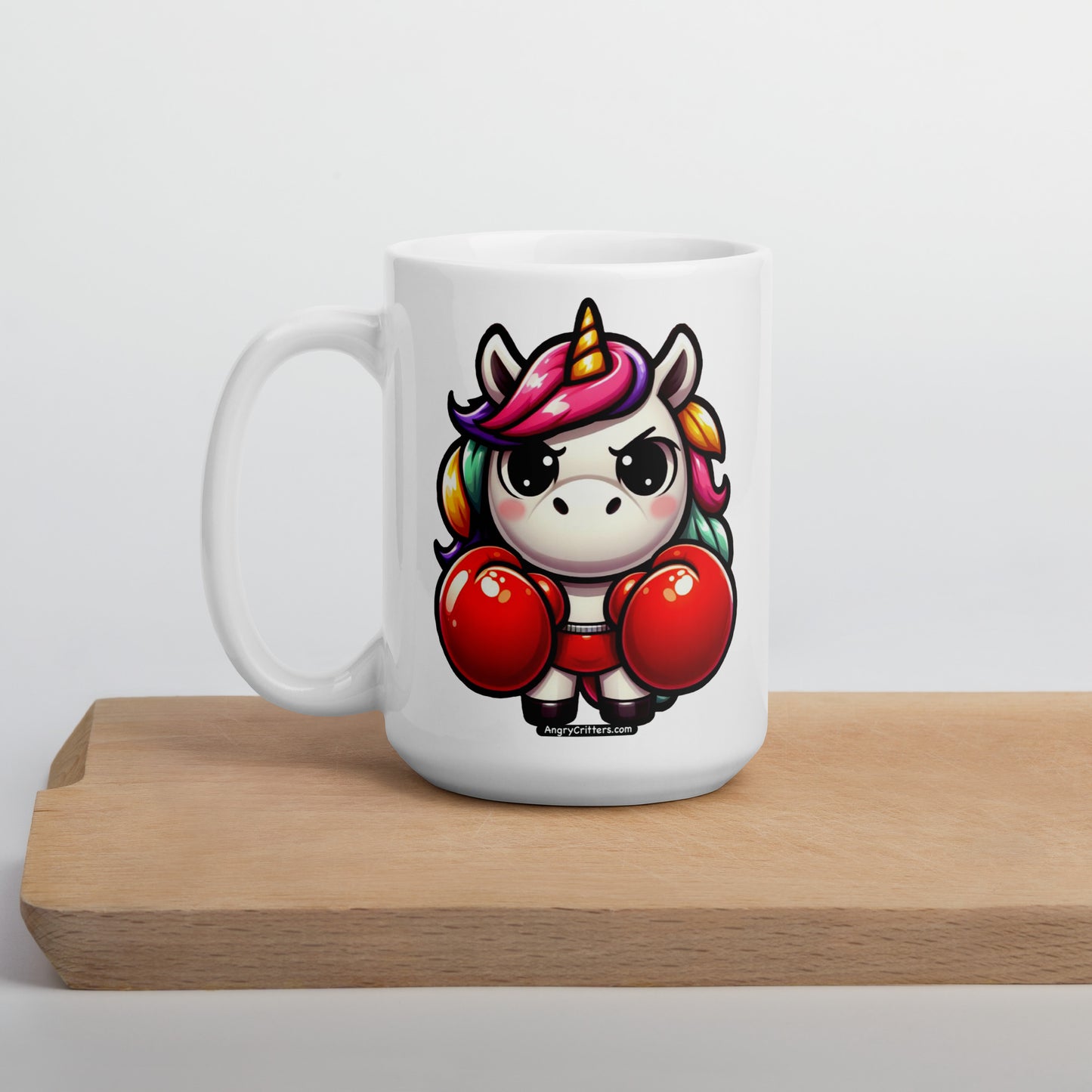 Angry Critters - Unicorn in Boxing Gloves White glossy mug