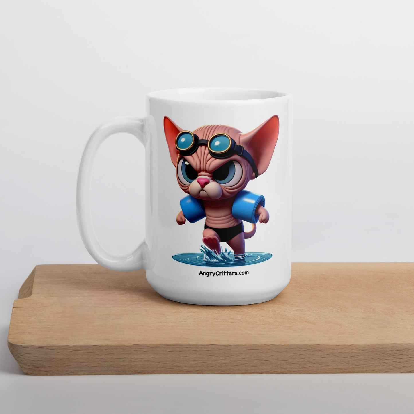 Angry Critters - Swimming Sphinx Cat, White glossy mug